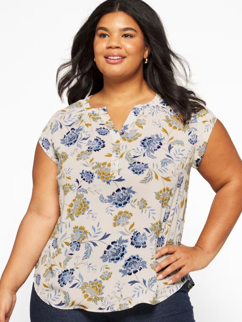 41 HAWTHORN Morey Split Neck Short Sleeve Blouse Blue Floral 3X